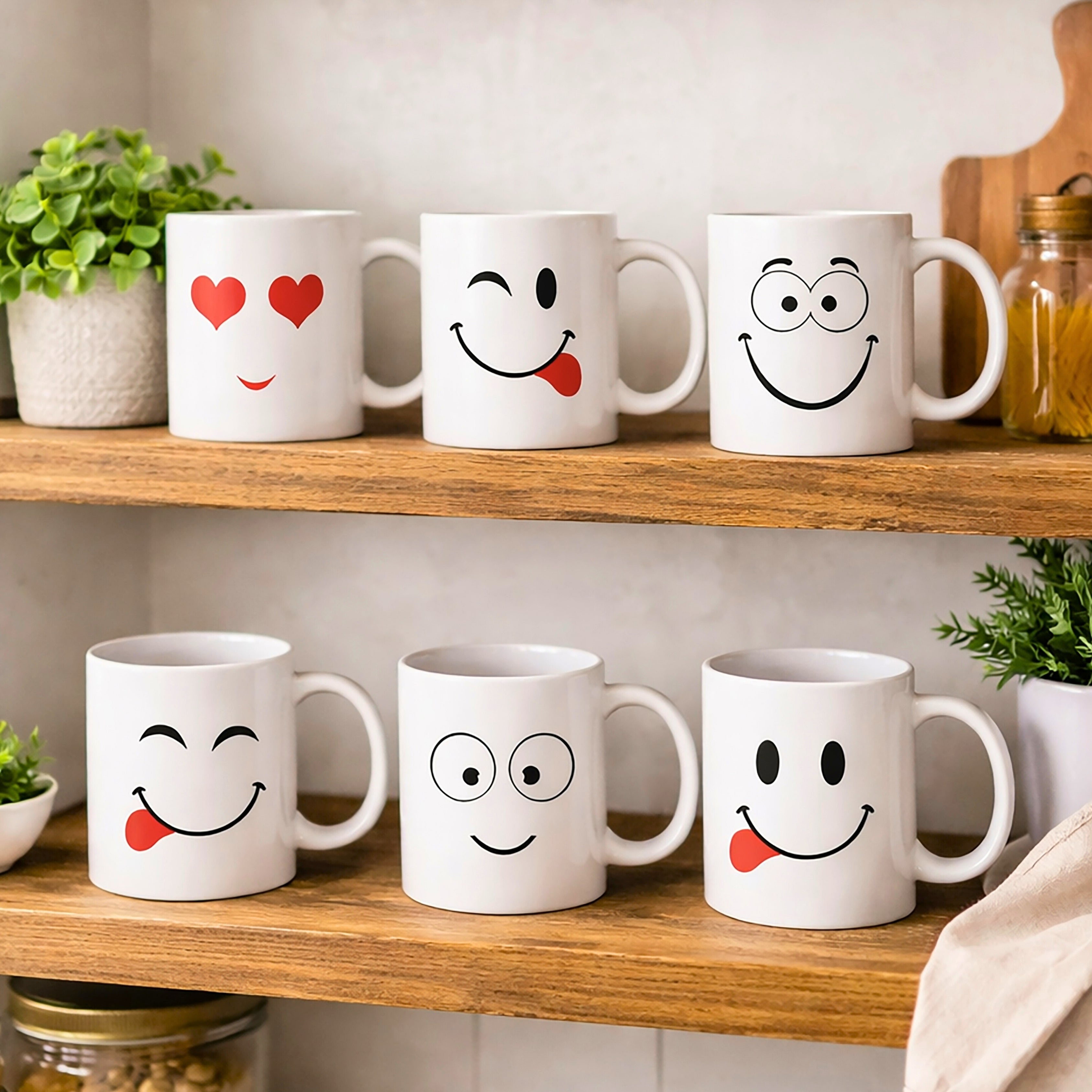 Set of 6 White Emoji Coffee Mugs – Dishwasher Safe Porcelain Tea & Hot Chocolate Cups
