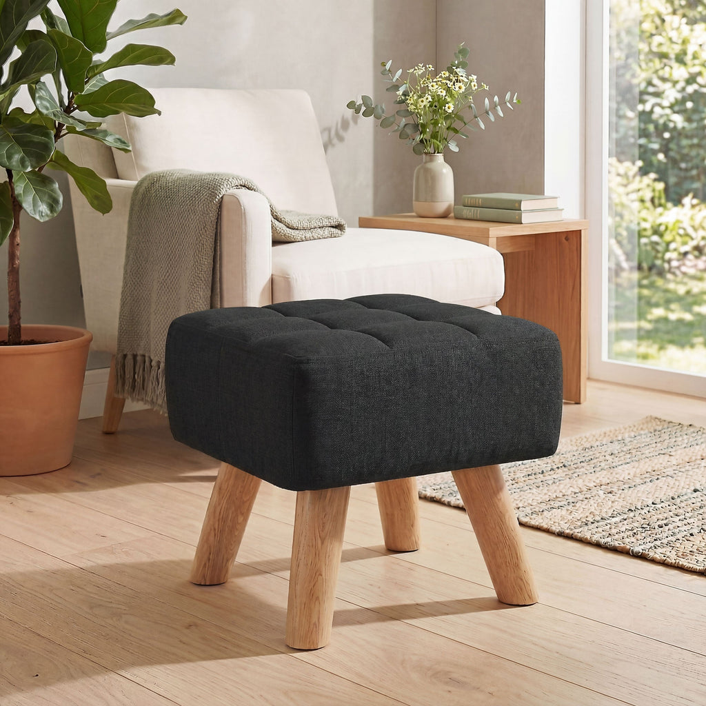 Linen-Look Square Padded Footstool - Black