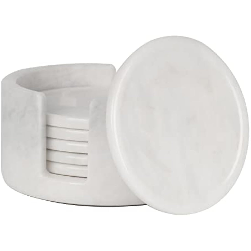 Set of 6 White Marble Coasters with Holder