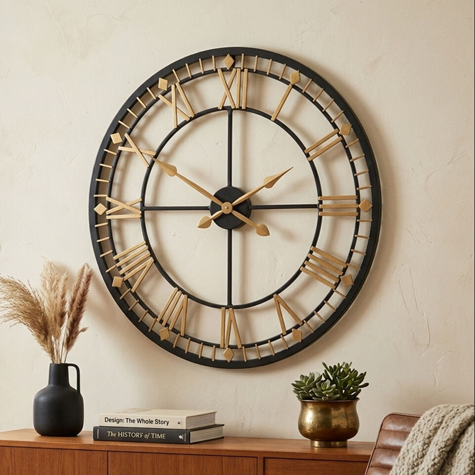 80cm Dia Black and Gold Metal Wall Clock