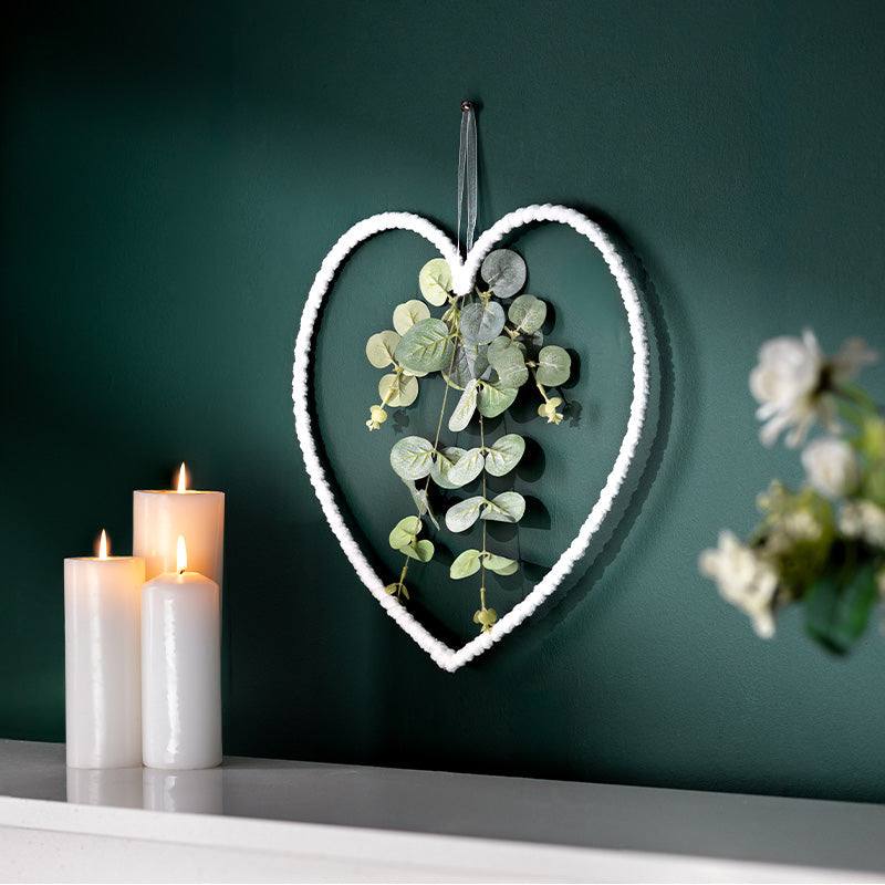 Small Artificial Eucalyptus Heart Wreath with White Fabric 22cm