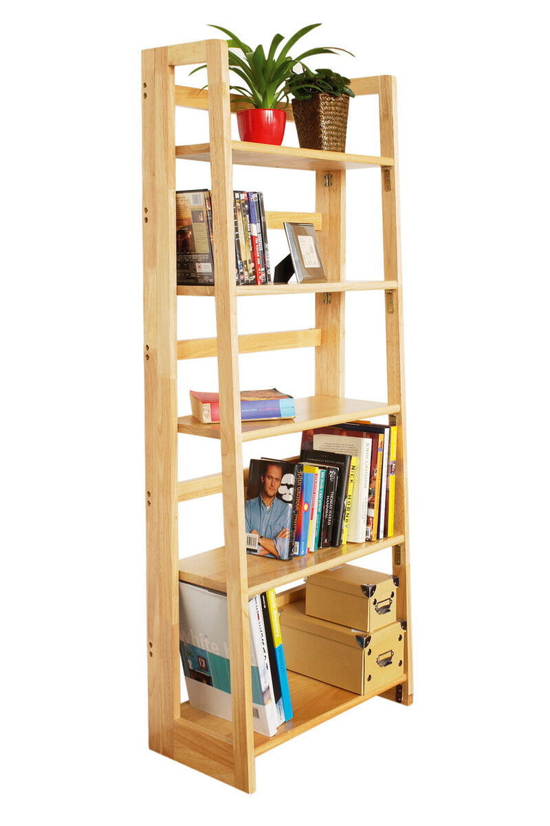 Natural Tropical Hevea Wood 5 Tier Folding Shelf Unit