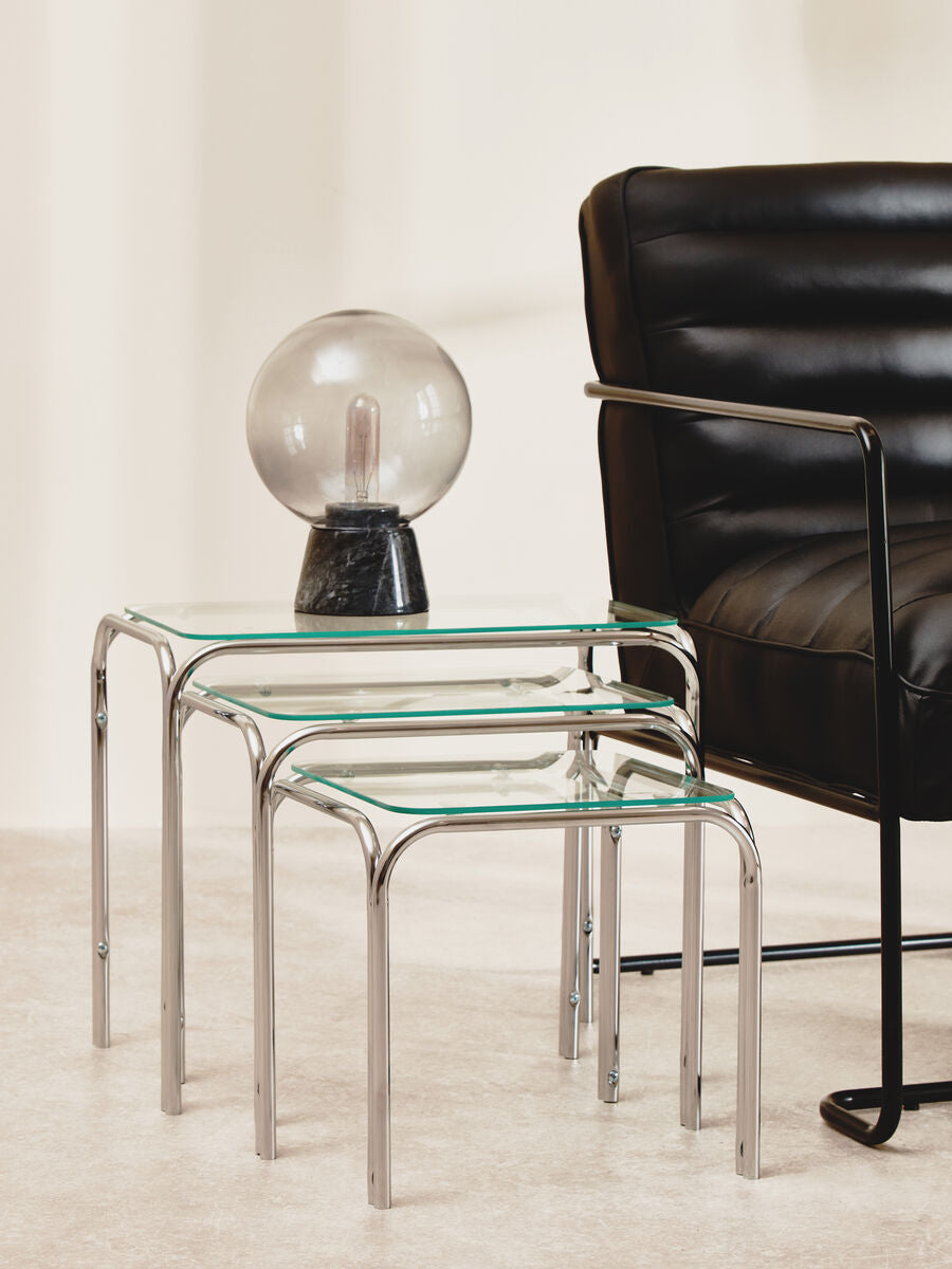 Clear Glass Set of 3 Nest of Tables with Chrome Finish Legs