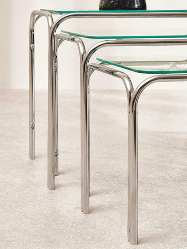Clear Glass Set of 3 Nest of Tables with Chrome Finish Legs