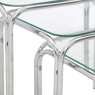 Clear Glass Set of 3 Nest of Tables with Chrome Finish Legs