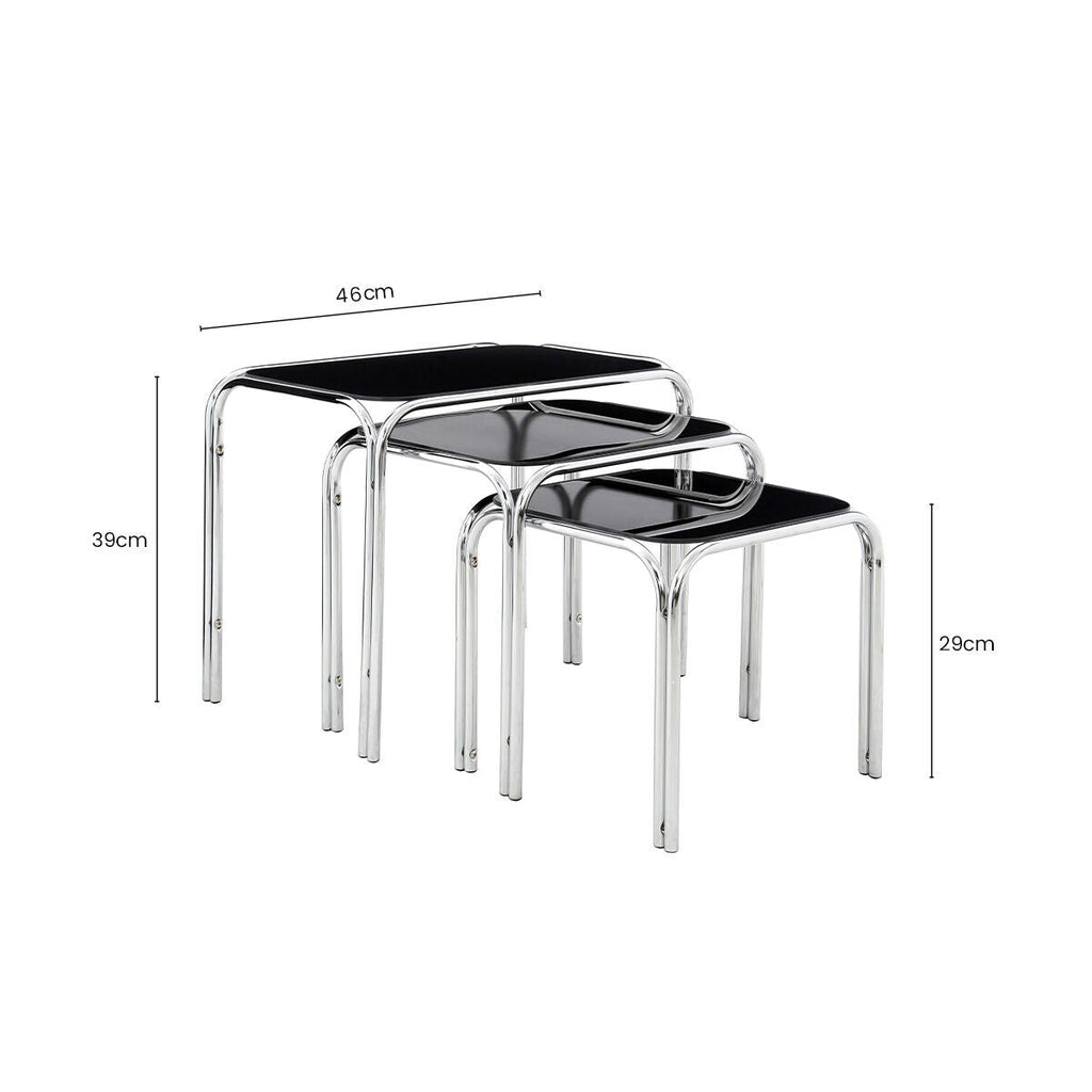Black Glass Set of 3 Nest of Tables with Chrome Finish Legs
