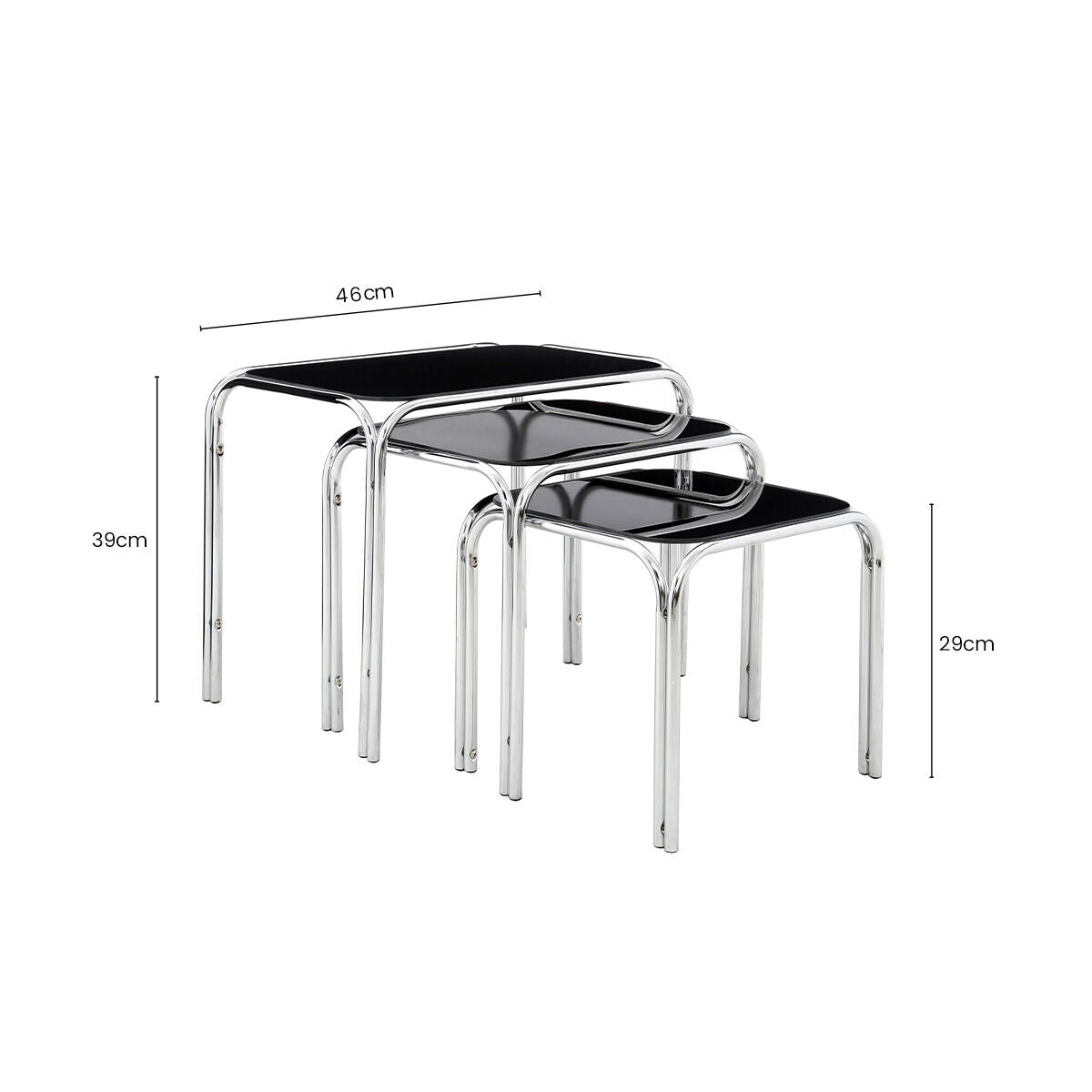 Black Glass Set of 3 Nest of Tables with Chrome Finish Legs