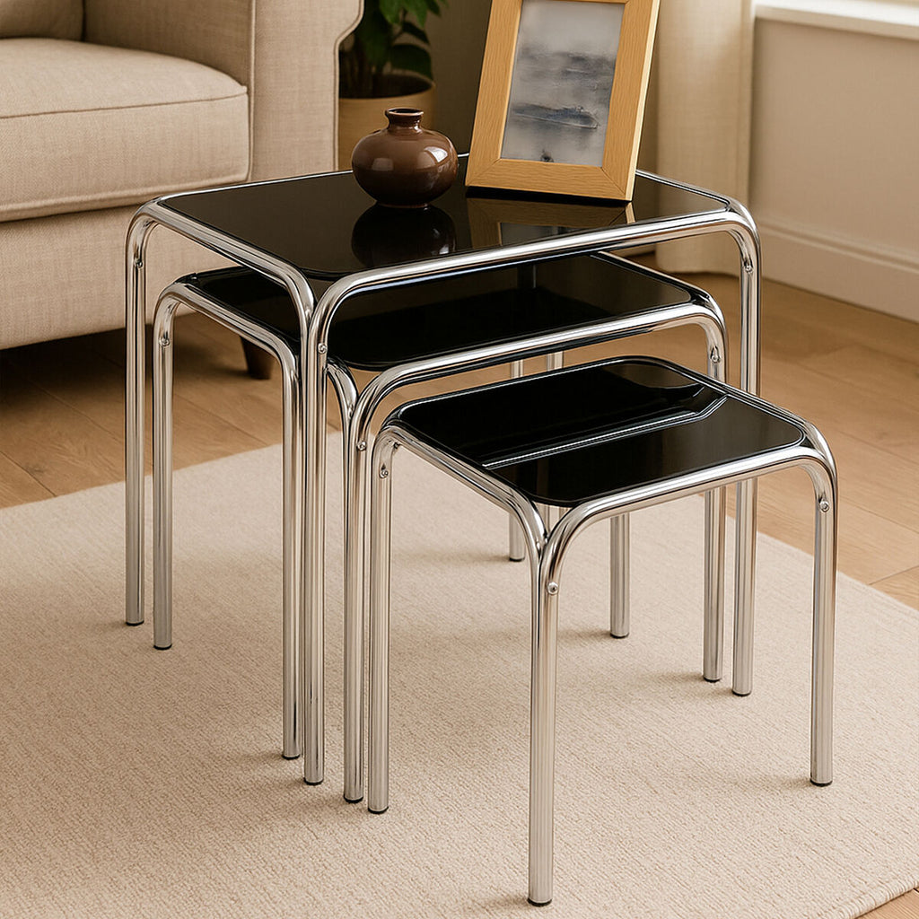 Black Glass Set of 3 Nest of Tables with Chrome Finish Legs