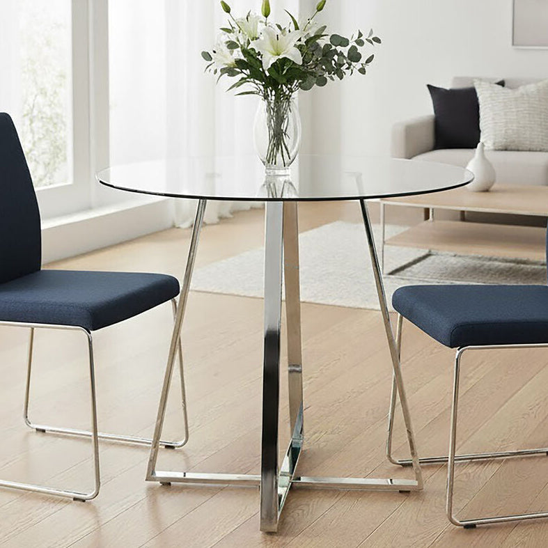 Clear Glass Round Dining Table with Silver Finish Base