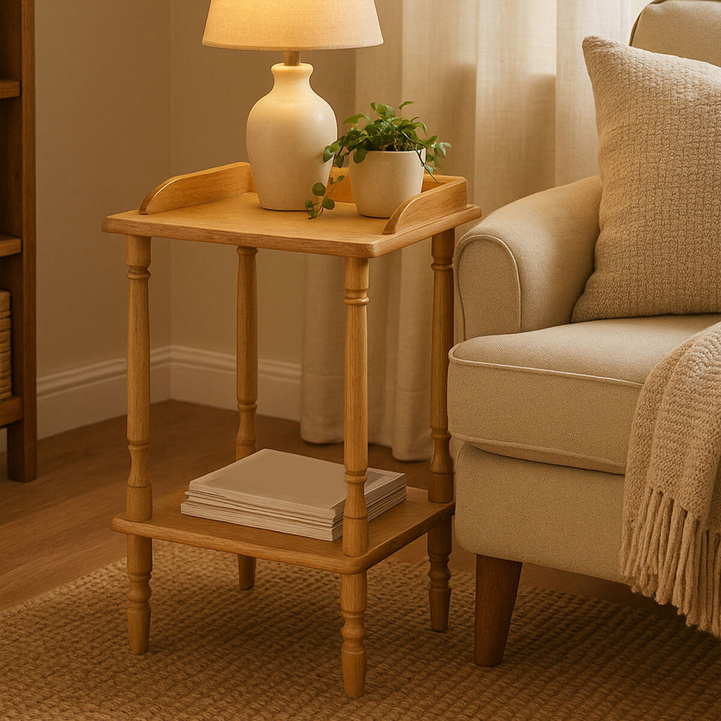 Natural Tropical Hevea Wood Side Table with Lower Shelf