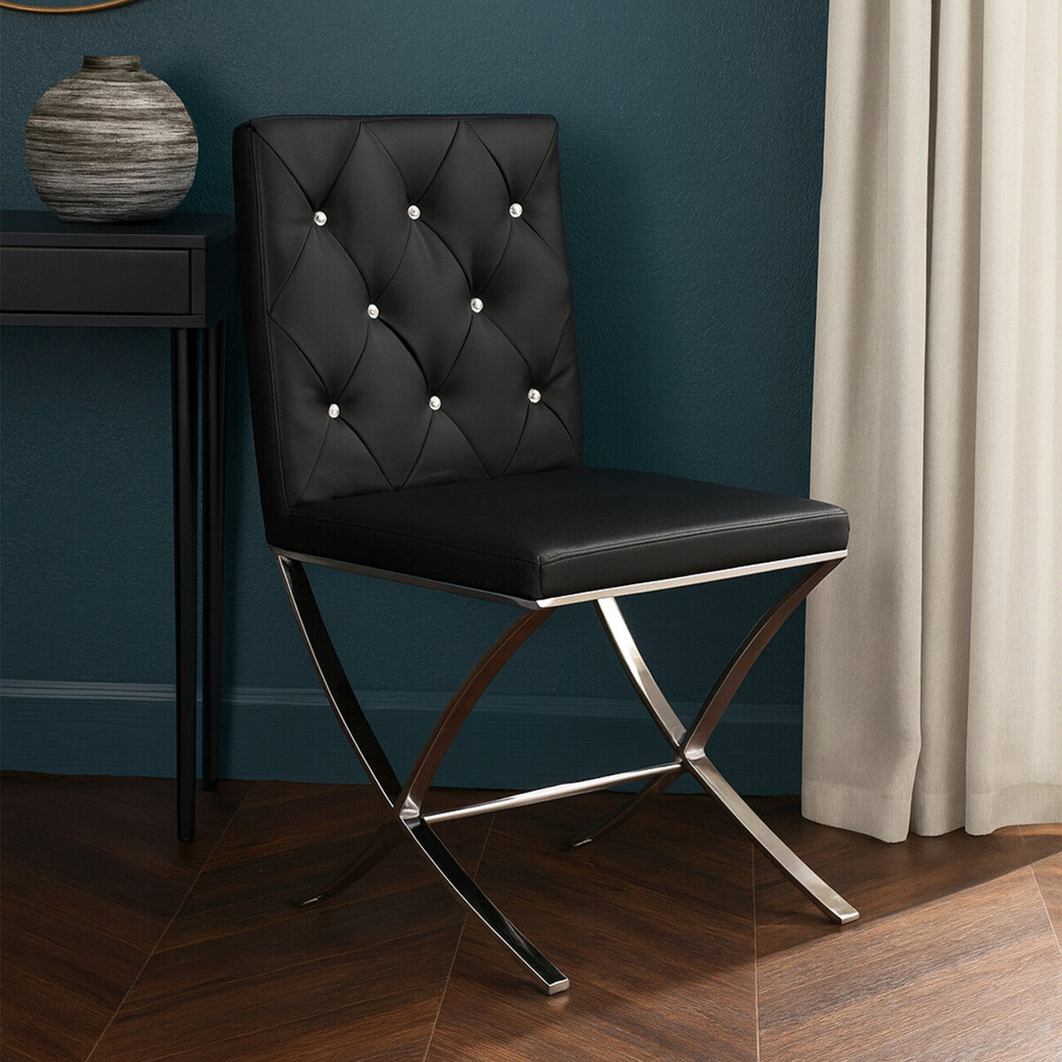 Black Leather Effect Chair with Stainless Steel Cross Legs