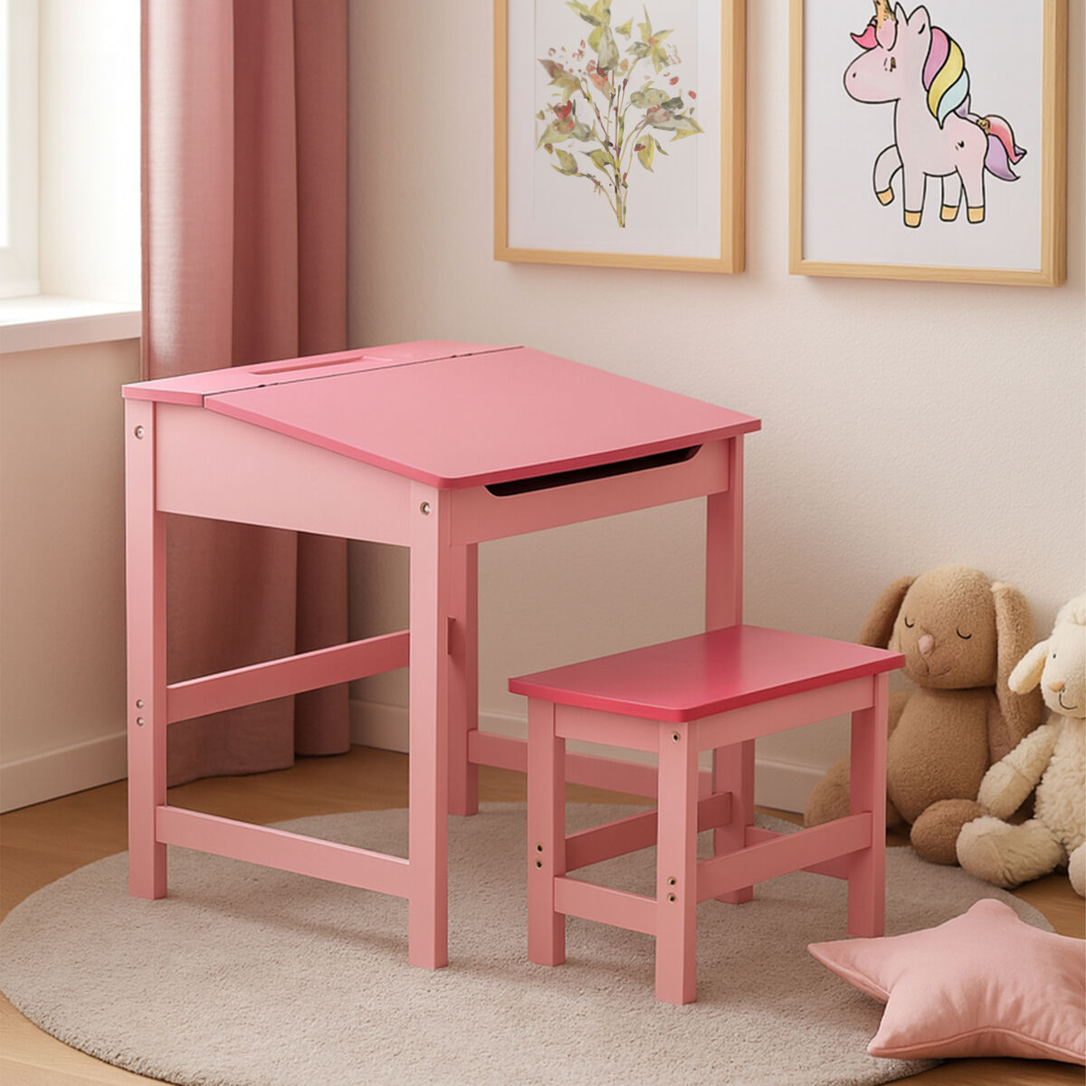 Pink Kids Desk and Stool Set with Storage