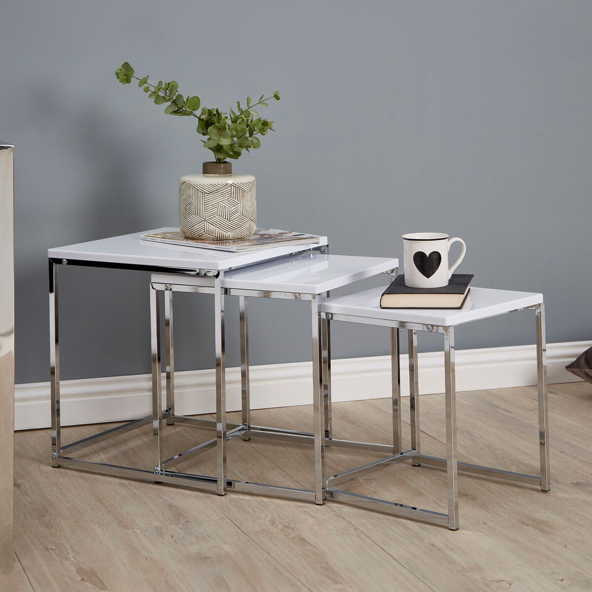 Matt White and Chrome Finish Set of 3 Nesting Tables