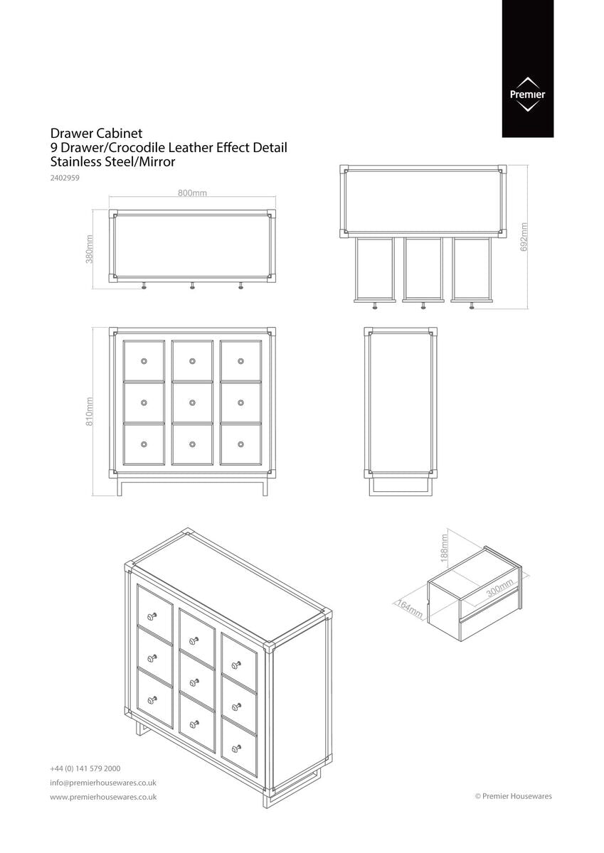 Black Crocodile Leather Effect Mirrored 9 Drawer Cabinet