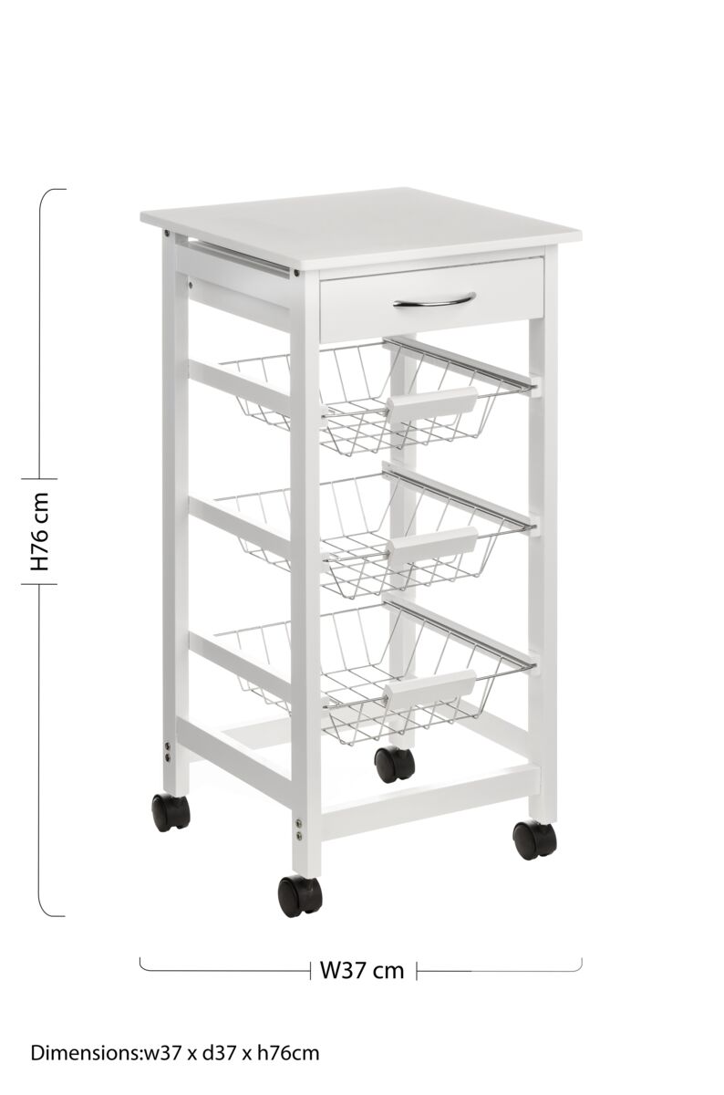 White Kitchen Trolley with Drawer and Basket