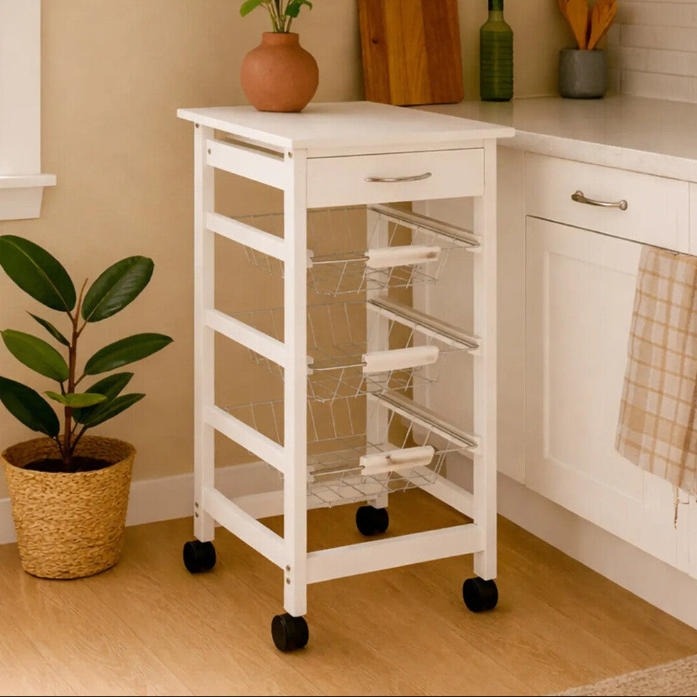White Kitchen Trolley with Drawer and Basket