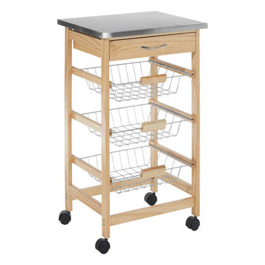 Silver Pinewood Kitchen Trolley with Drawer and Baskets