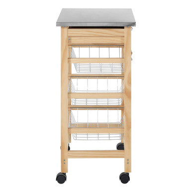 Silver Pinewood Kitchen Trolley with Drawer and Baskets