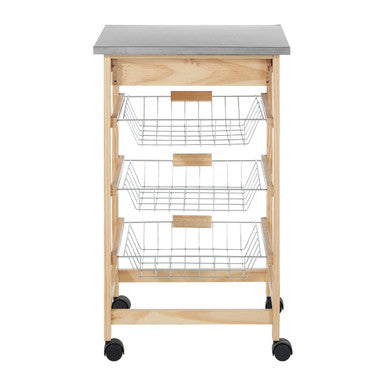 Silver Pinewood Kitchen Trolley with Drawer and Baskets