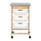 Silver Pinewood Kitchen Trolley with Drawer and Baskets