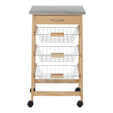Silver Pinewood Kitchen Trolley with Drawer and Baskets