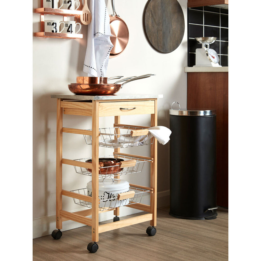 Silver Pinewood Kitchen Trolley with Drawer and Baskets