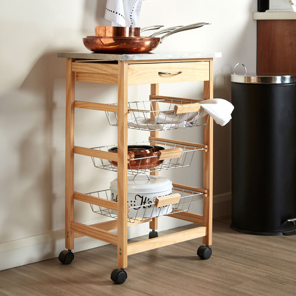 Silver Pinewood Kitchen Trolley with Drawer and Baskets