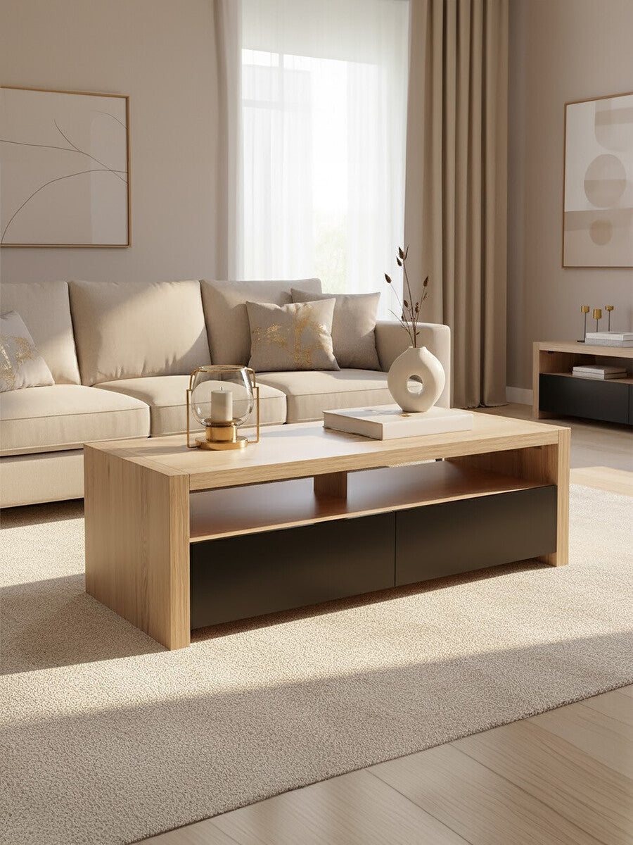 Natural Oak Veneer Coffee Table with 2 Storage Drawers and 1 Shelf