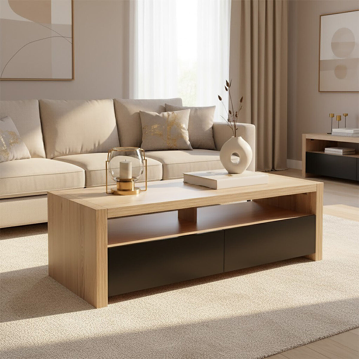 Natural Oak Veneer Coffee Table with 2 Storage Drawers and 1 Shelf