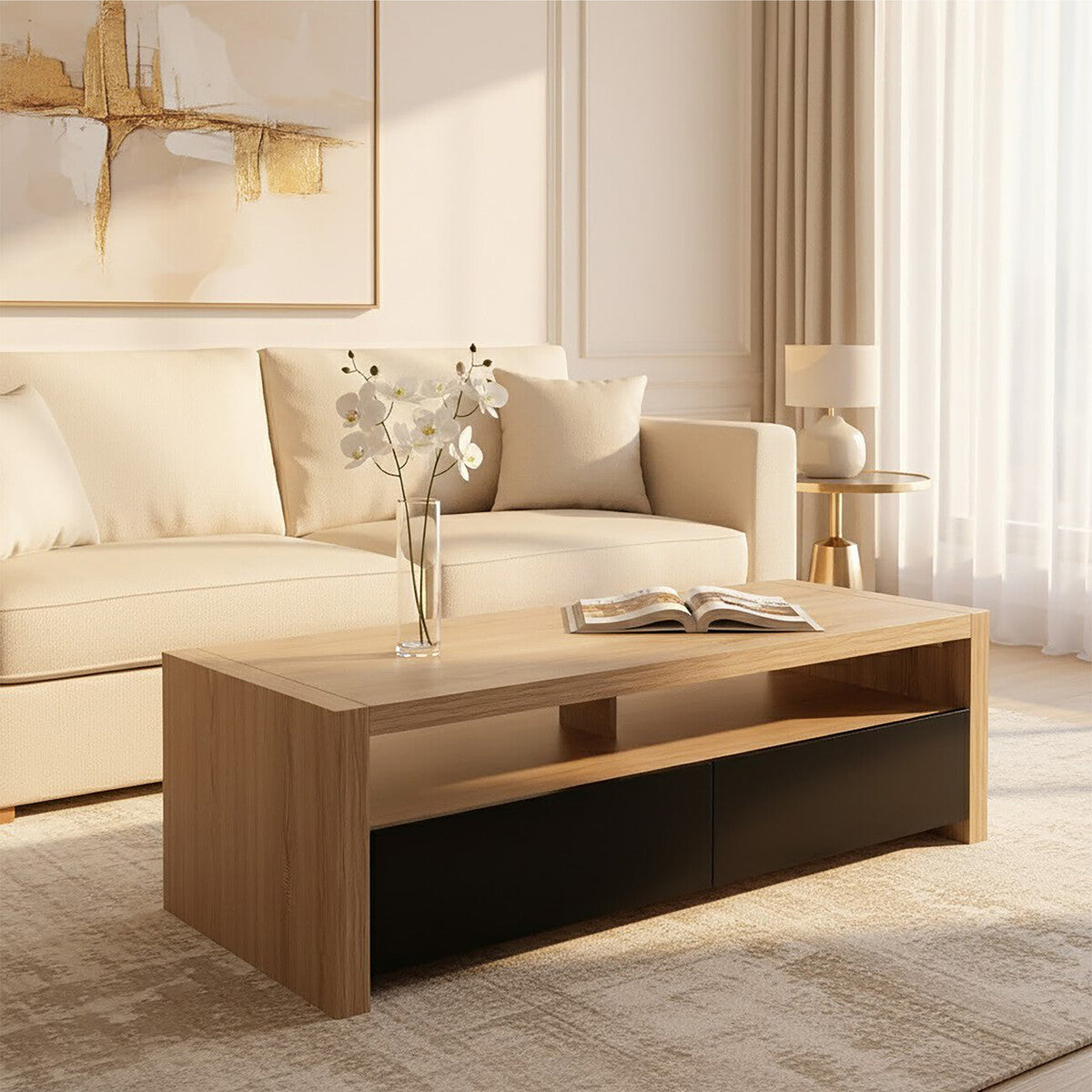 Natural Oak Veneer Coffee Table with 2 Storage Drawers and 1 Shelf