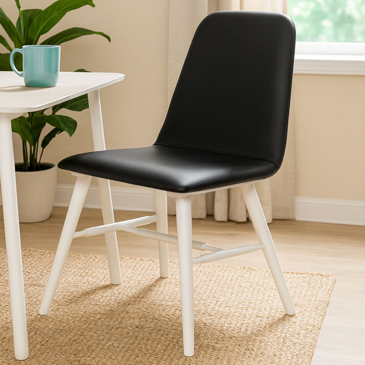 Black Leather Effect Dining Chair with White Legs