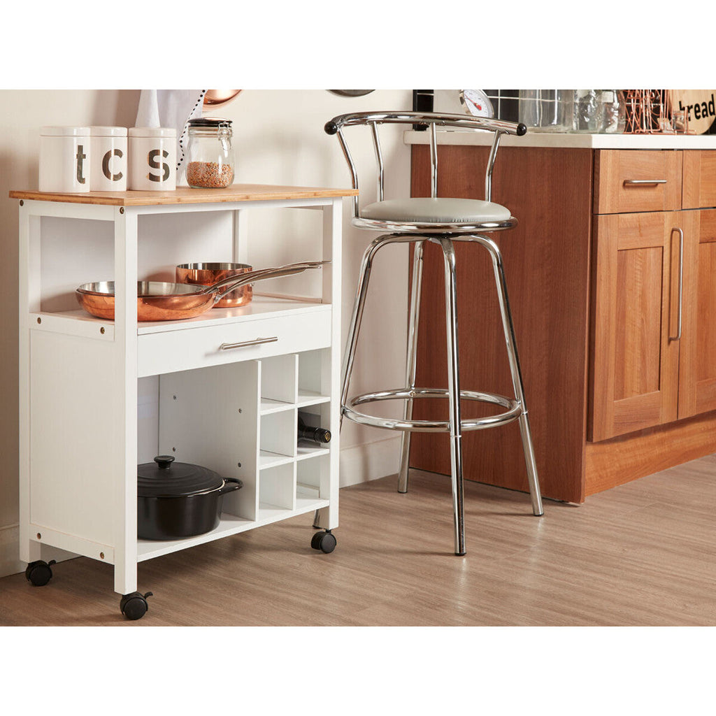 White 1 Drawer Kitchen Trolley with Bamboo Top