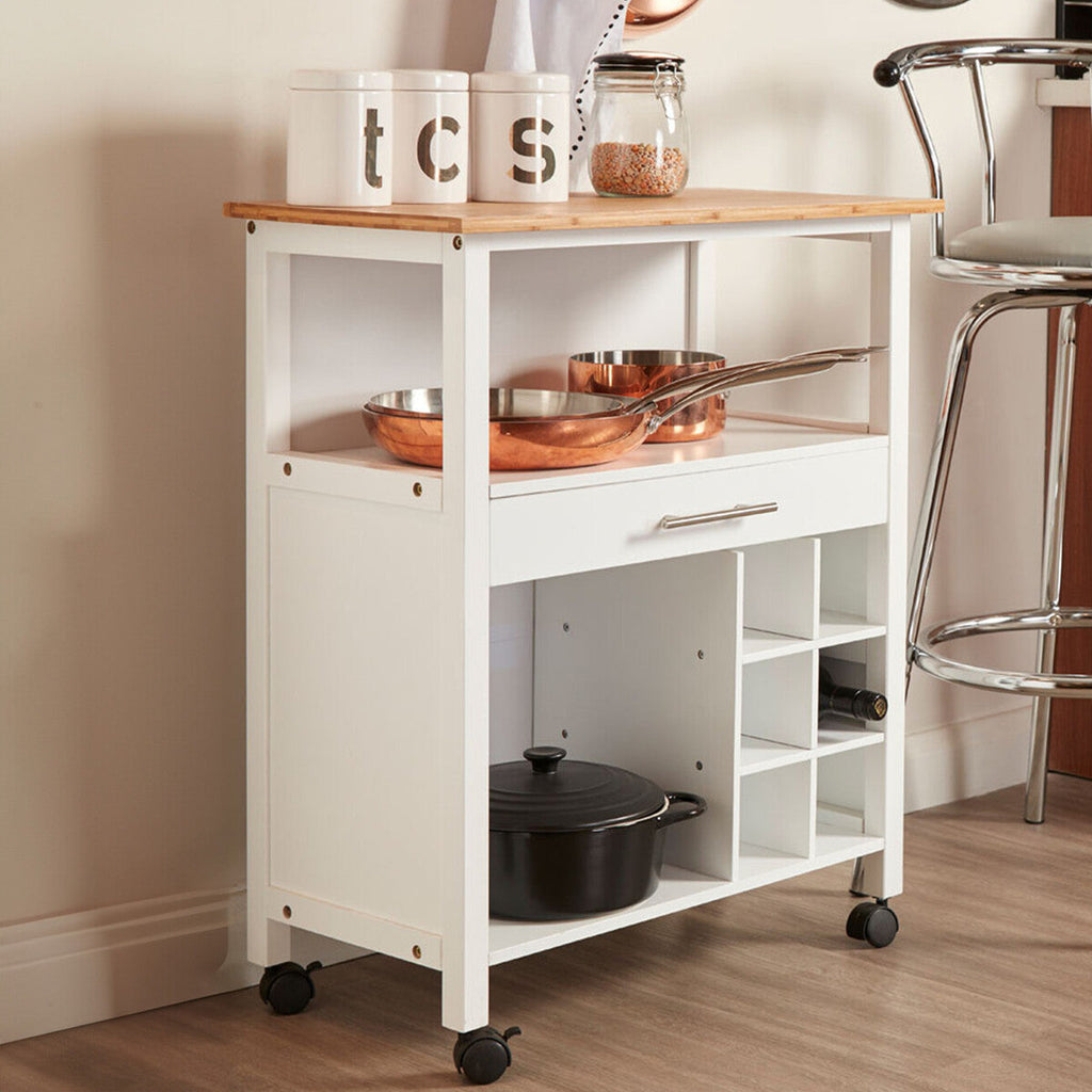 White 1 Drawer Kitchen Trolley with Bamboo Top
