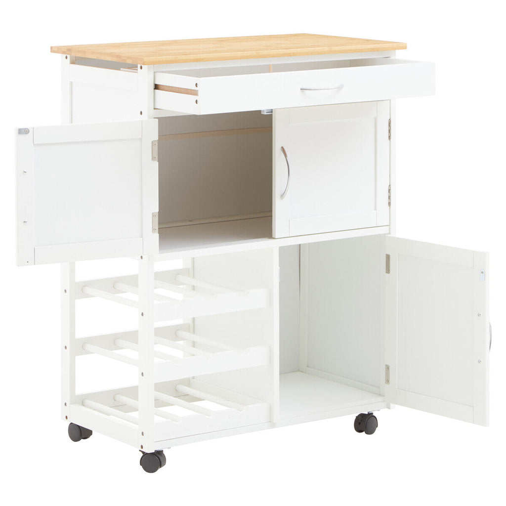 White 1 Drawer Kitchen Trolley with Bamboo Top and Cupboard