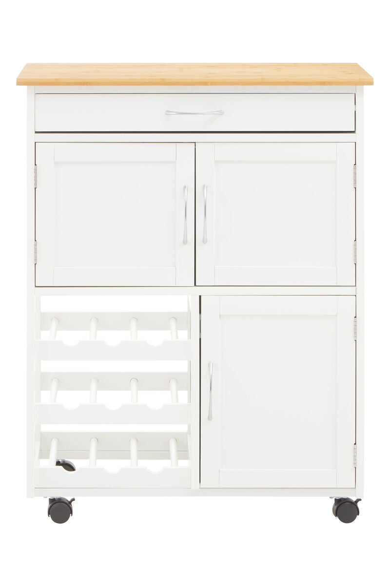 White 1 Drawer Kitchen Trolley with Bamboo Top and Cupboard