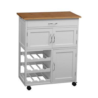 White 1 Drawer Kitchen Trolley with Bamboo Top and Cupboard