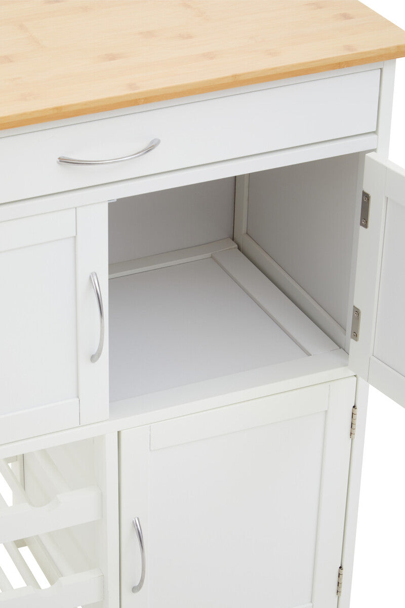 White 1 Drawer Kitchen Trolley with Bamboo Top and Cupboard