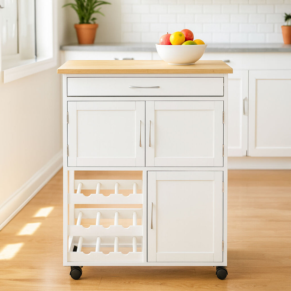 White 1 Drawer Kitchen Trolley with Bamboo Top and Cupboard