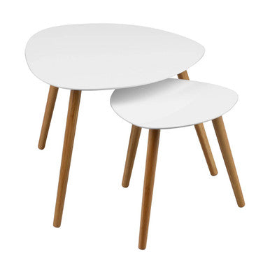 White Gloss and Bamboo Set of 2 Triangular Side Tables