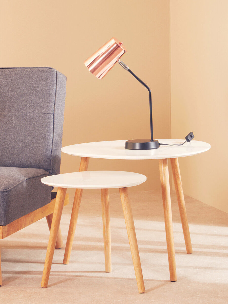 White Gloss and Bamboo Set of 2 Triangular Side Tables