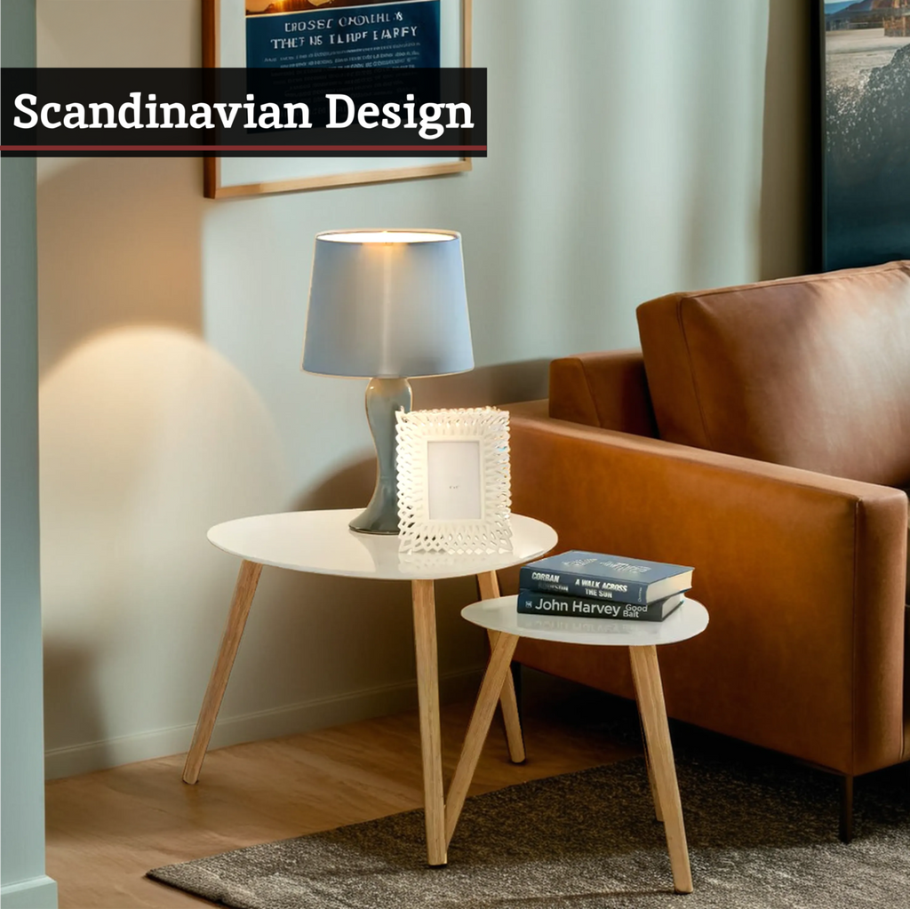 White Gloss and Bamboo Set of 2 Triangular Side Tables