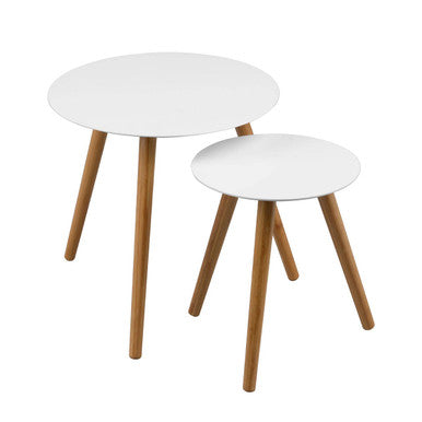White Gloss and Bamboo Set of 2 Round Side Tables