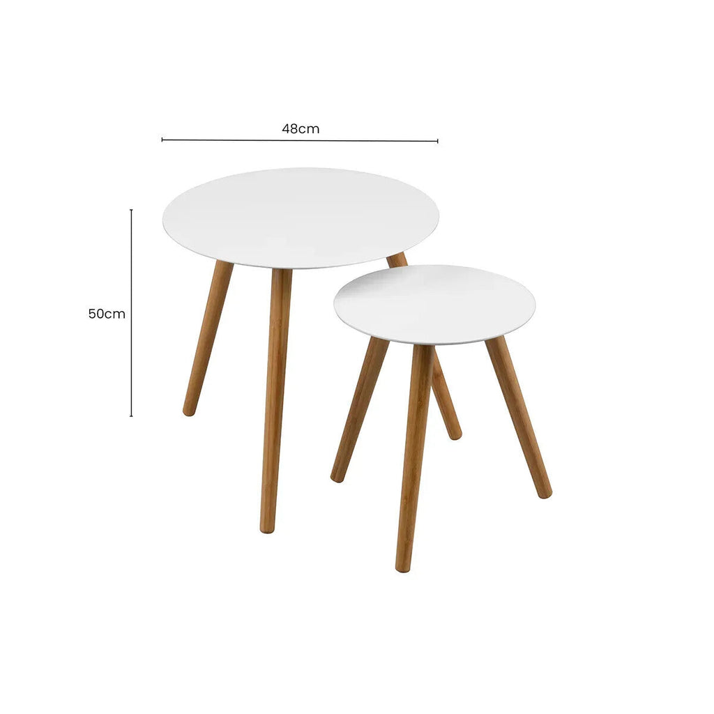 White Gloss and Bamboo Set of 2 Round Side Tables