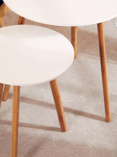 White Gloss and Bamboo Set of 2 Round Side Tables