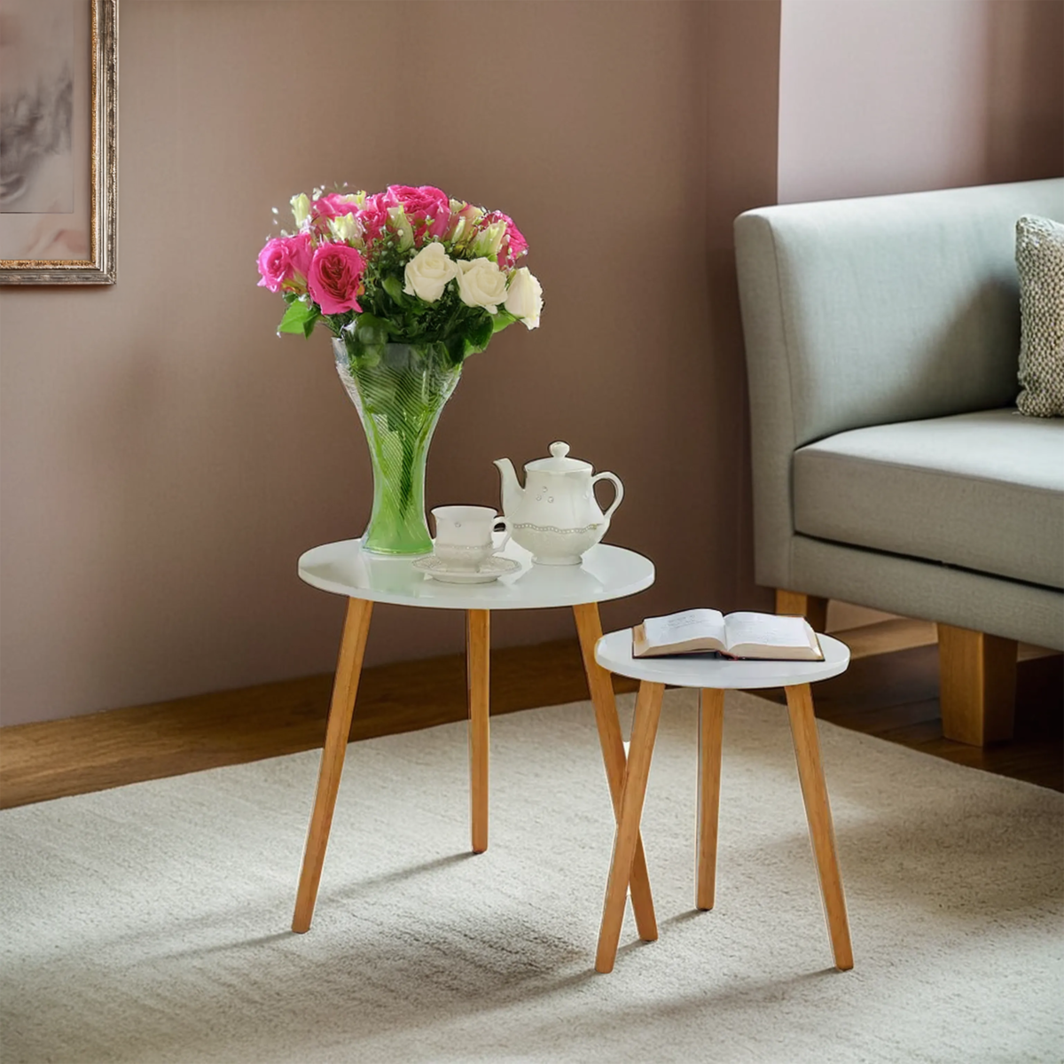 White Gloss and Bamboo Set of 2 Round Side Tables