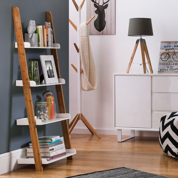 White Gloss and Bamboo 4 Tier Ladder Shelf Unit