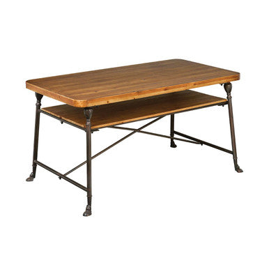 Natural Fir Wood Top Industrial Dining Table with Lower Shelf and Black Metallic Legs
