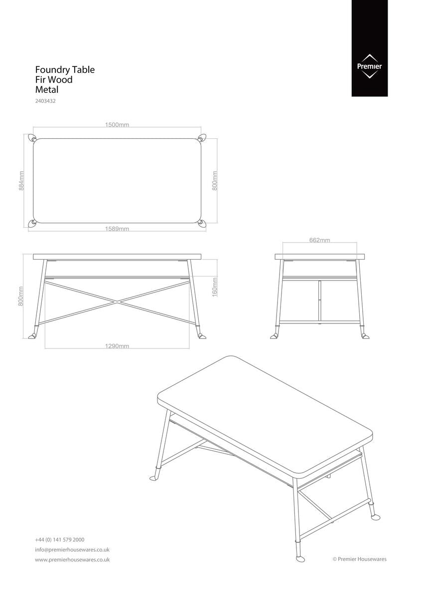Natural Fir Wood Top Industrial Dining Table with Lower Shelf and Black Metallic Legs