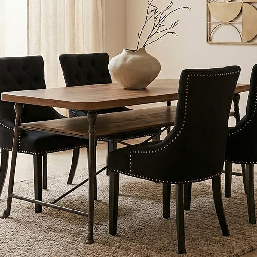 Natural Fir Wood Top Industrial Dining Table with Lower Shelf and Black Metallic Legs