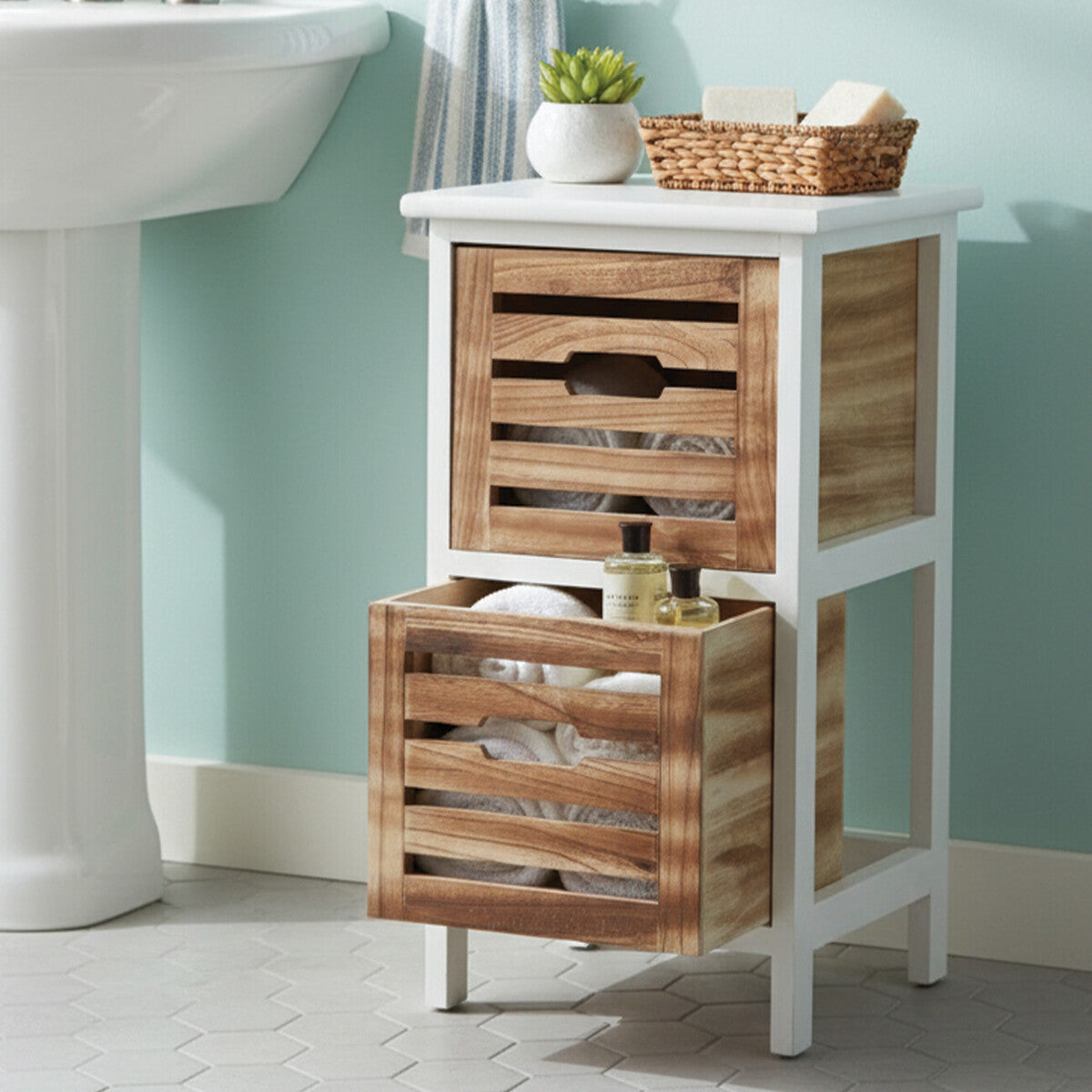 Natural and White Wooden 2 Drawer Chest